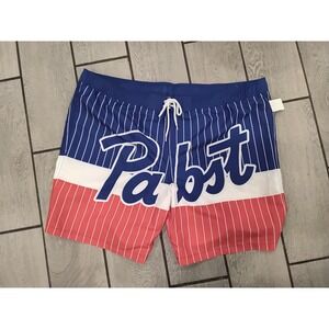 Pabst Blue Ribbon Swim‎ Trunks Shorts Royal Blue Coral White Stripe Logo XXL